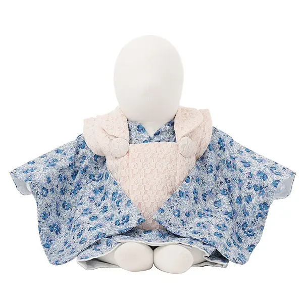 女児【100日～１歳用】0177 ベージュレース x 青花柄/セパレート