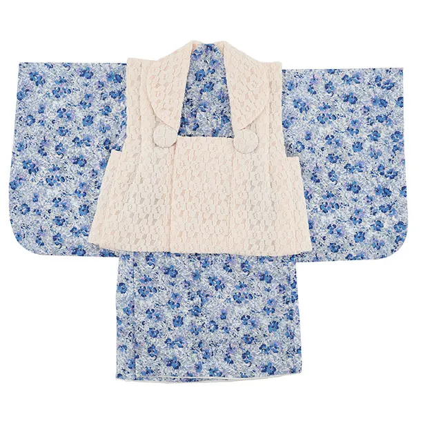 女児【100日～１歳用】0177 ベージュレース x 青花柄/セパレート