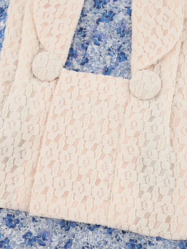 女児【100日～１歳用】0177 ベージュレース x 青花柄/セパレート