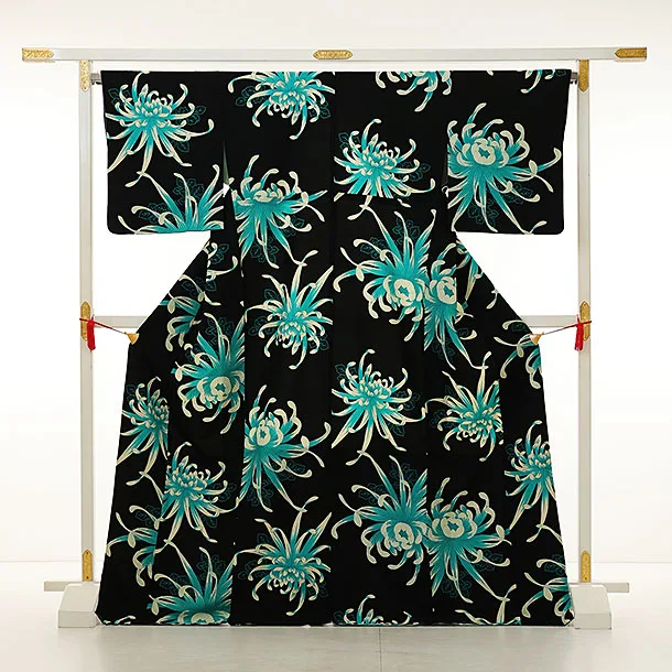 小紋1059 黒地 乱菊(化繊)　