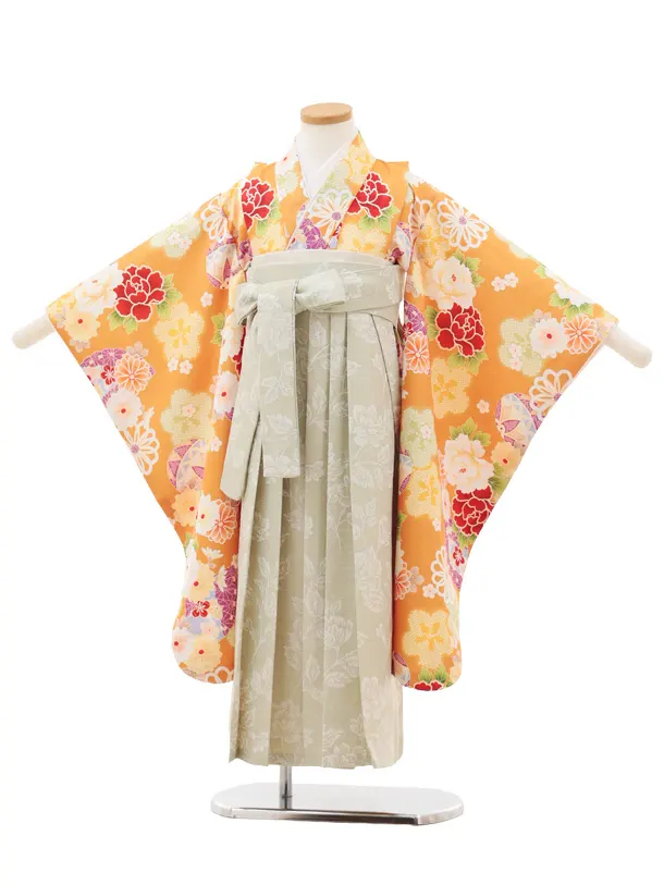 女児袴レンタル(5歳)0665 オレンジ 花づくし×グリーン袴