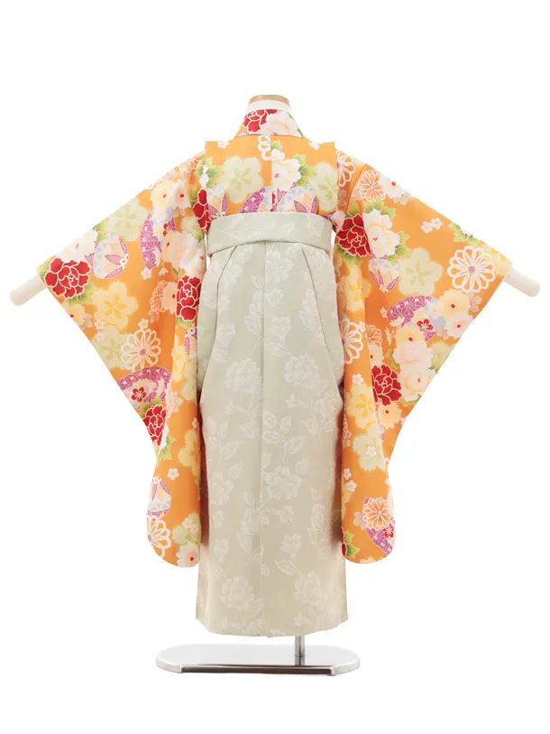 女児袴レンタル(5歳)0665 オレンジ 花づくし×グリーン袴