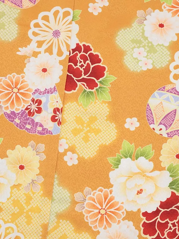 女児袴レンタル(5歳)0665 オレンジ 花づくし×グリーン袴