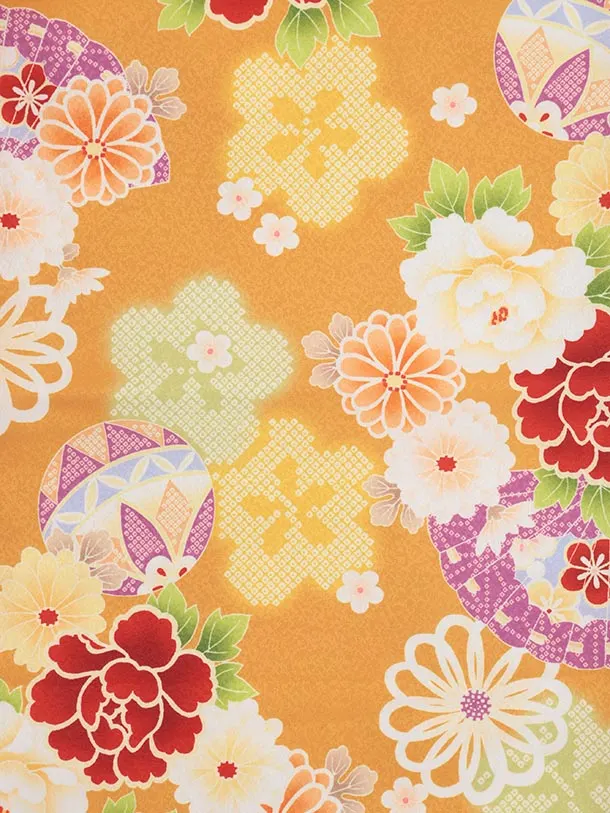 女児袴レンタル(5歳)0665 オレンジ 花づくし×グリーン袴