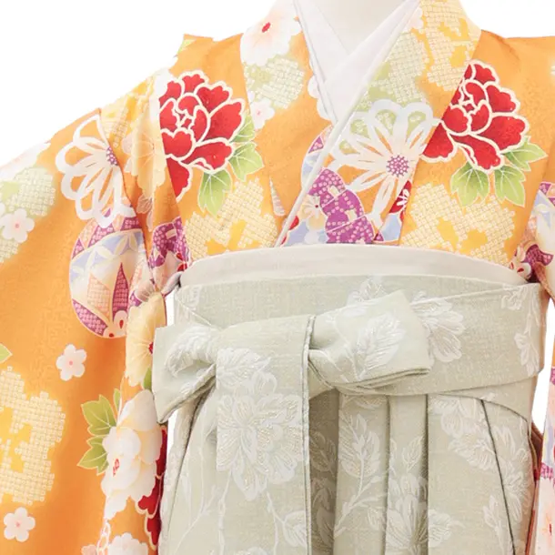 女児袴レンタル(5歳)0665 オレンジ 花づくし×グリーン袴