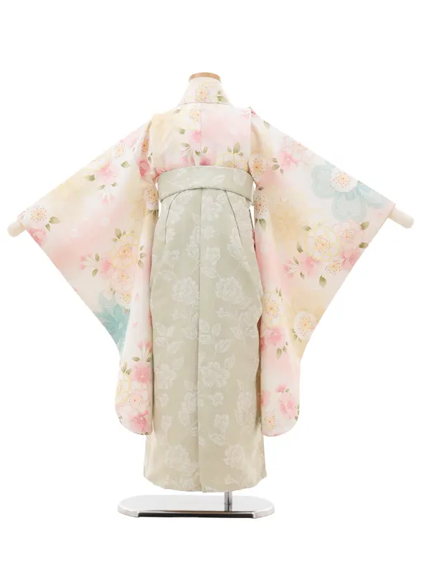 女児袴レンタル(5歳)0667 白ピンクぼかし 八重桜×グリーン袴