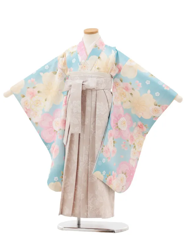 女児袴レンタル(5歳)0668 水色 八重桜×ベージュ袴
