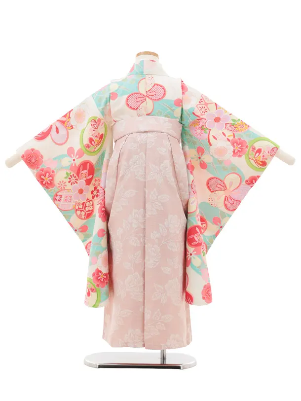 女児袴レンタル(5歳)0680 クリーム水色丸紋 ねじり梅×ピンク袴