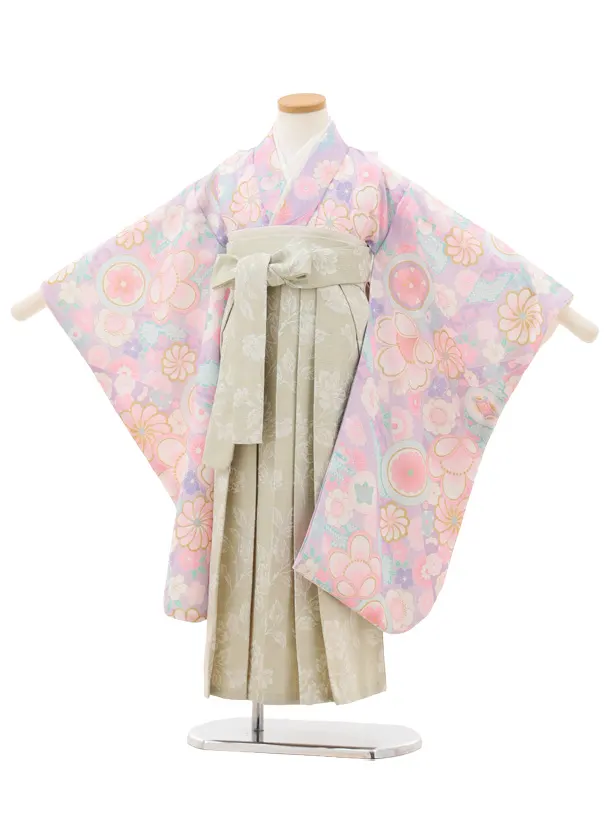 女児袴レンタル(5歳)0681 ラベンダーピンク丸紋 ねじり菊×グリーン袴