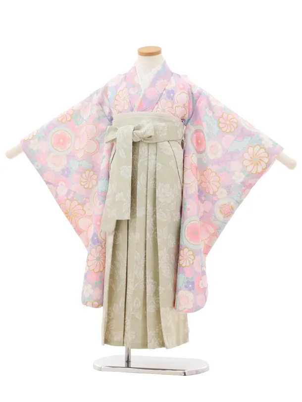 女児袴レンタル(5歳)0681 ラベンダーピンク丸紋 ねじり菊×グリーン袴