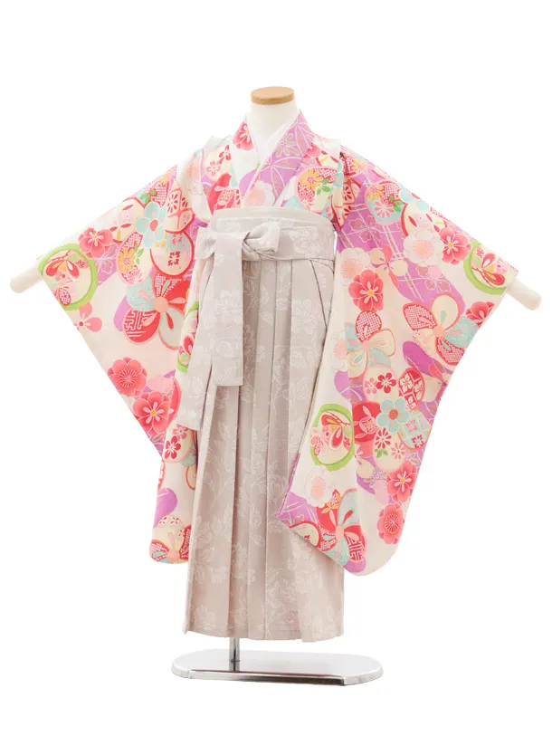 女児袴レンタル(5歳)0682 クリームパープル丸紋 ねじり菊×ベージュ袴