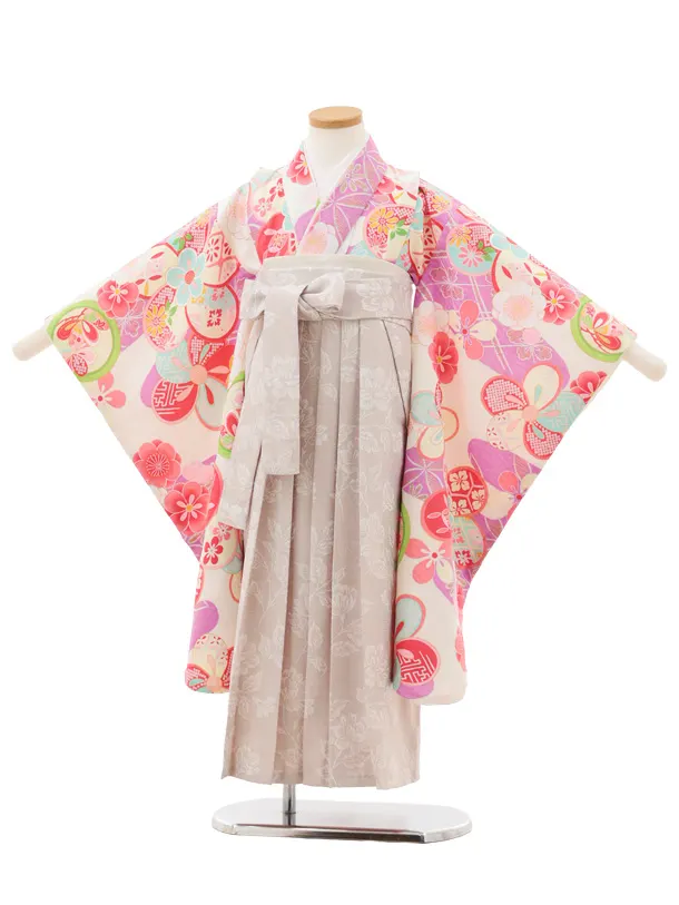 女児袴レンタル(5歳)0682 クリームパープル丸紋 ねじり菊×ベージュ袴