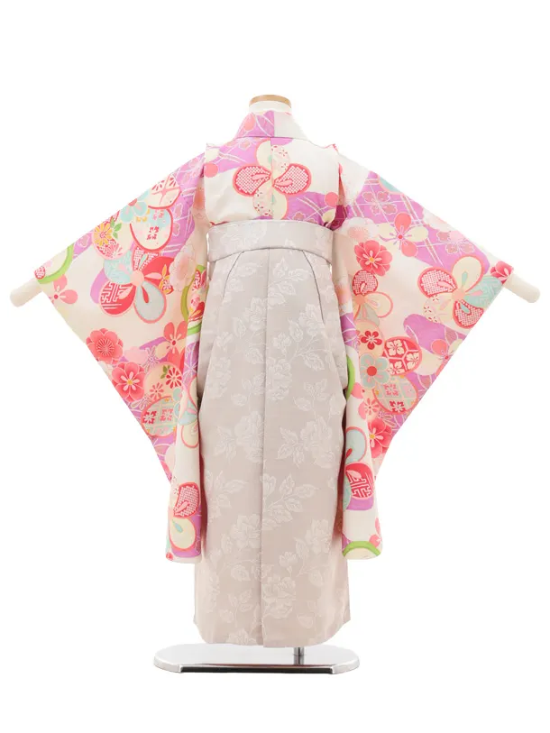 女児袴レンタル(5歳)0682 クリームパープル丸紋 ねじり菊×ベージュ袴
