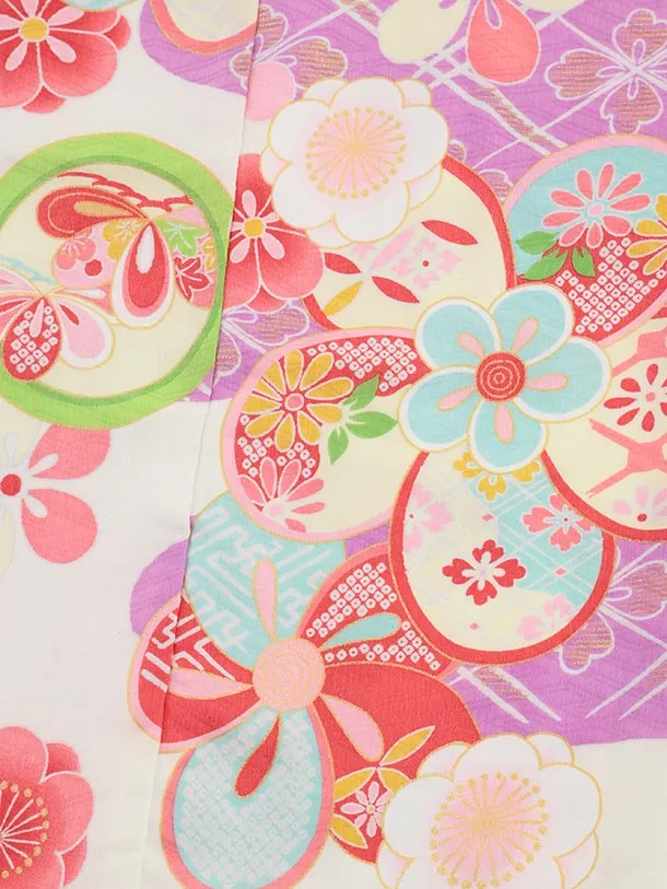 女児袴レンタル(5歳)0682 クリームパープル丸紋 ねじり菊×ベージュ袴