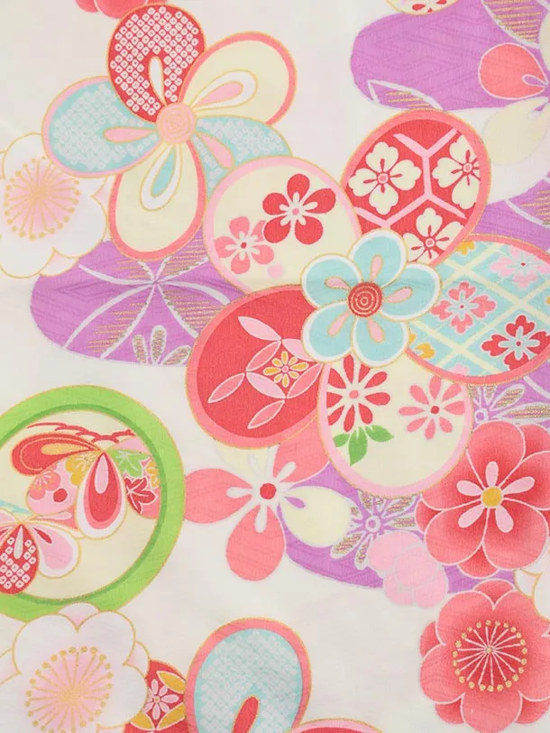 女児袴レンタル(5歳)0682 クリームパープル丸紋 ねじり菊×ベージュ袴