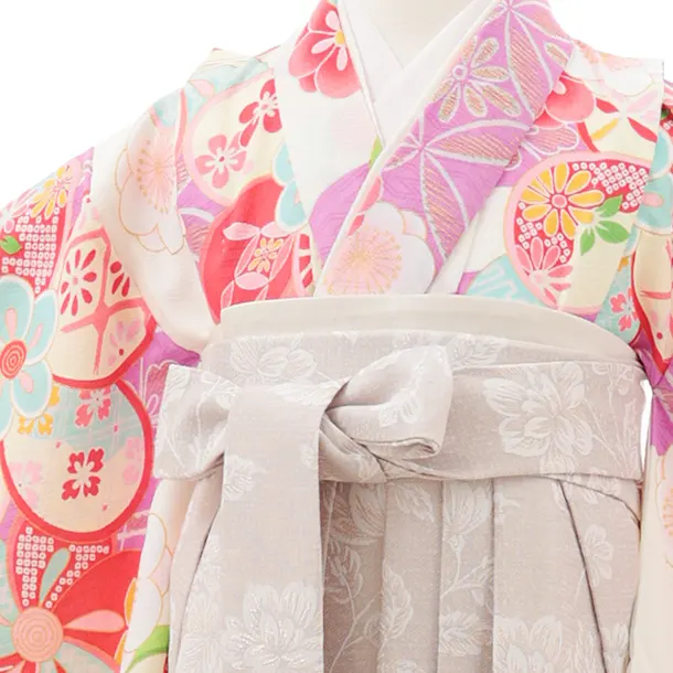 女児袴レンタル(5歳)0682 クリームパープル丸紋 ねじり菊×ベージュ袴