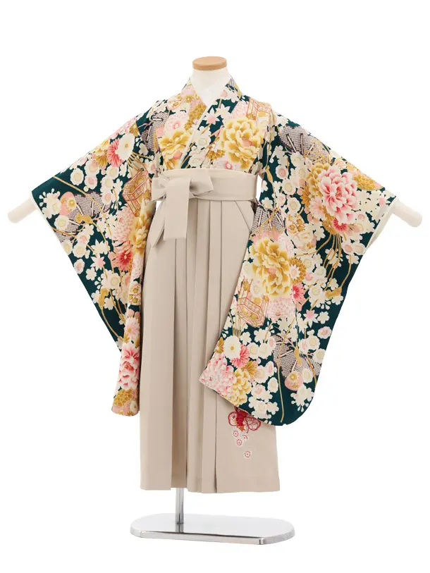 卒園式・七五三女児袴(6歳7歳)Y675 華徒然 グリーン薬玉に貝桶×ベージュ