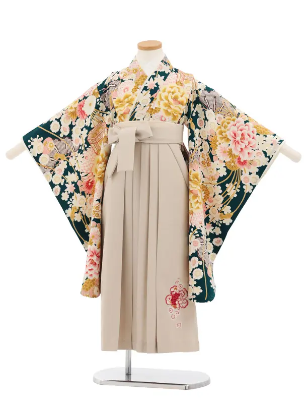 卒園式・七五三女児袴(6歳7歳)Y675 華徒然 グリーン薬玉に貝桶×ベージュ