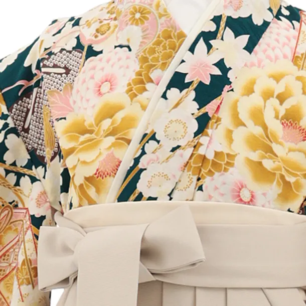 卒園式・七五三女児袴(6歳7歳)Y675 華徒然 グリーン薬玉に貝桶×ベージュ