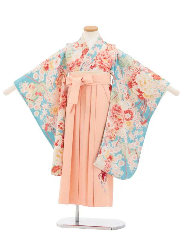 卒園式女児かんたん袴(6歳7歳)Y678 華徒然 水色薬玉に貝桶×ピーチピンク
