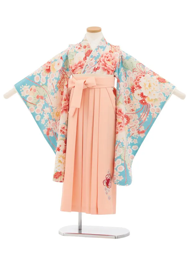 卒園式女児かんたん袴(6歳7歳)Y678 華徒然 水色薬玉に貝桶×ピーチピンク