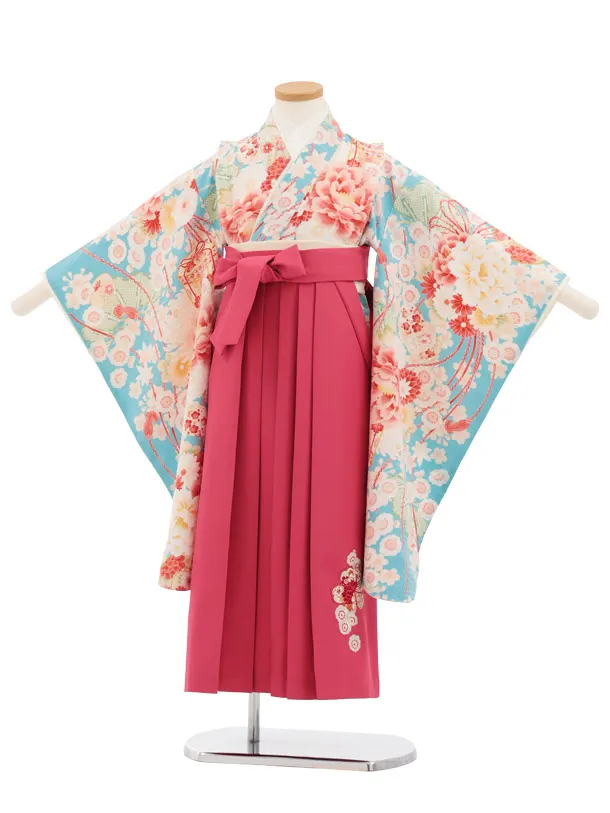 卒園式女児かんたん袴(6歳7歳)Y679 華徒然 水色薬玉に貝桶×ローズ