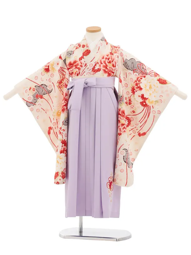 卒園式女児かんたん袴(6歳7歳)Y681 華徒然 クリーム薬玉に貝桶×ラベンダー