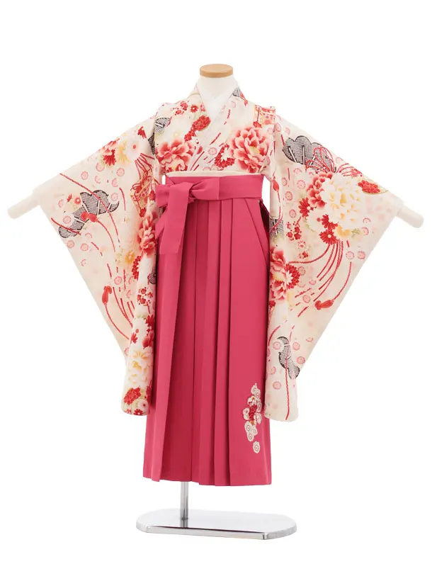 卒園式女児かんたん袴(6歳7歳)Y683 華徒然 クリーム薬玉に貝桶×ローズ