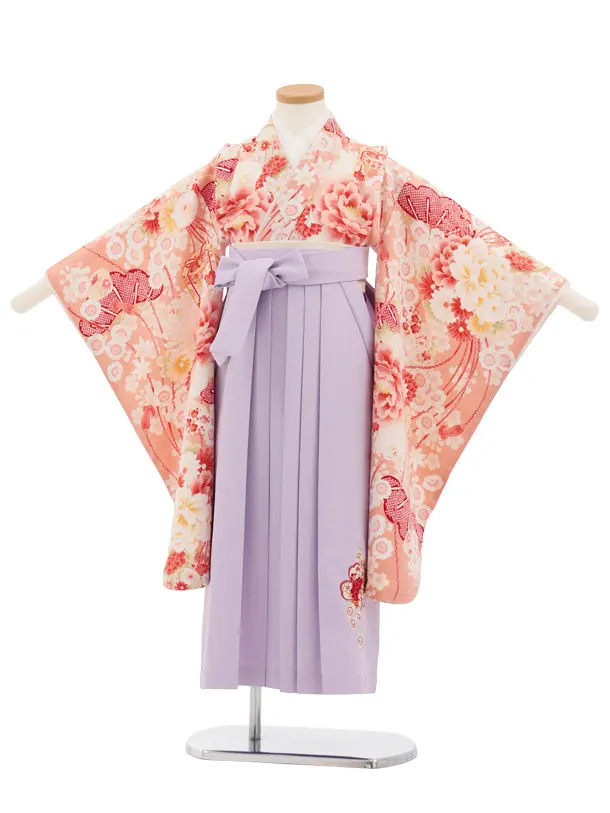 卒園女児かんたん袴(6歳7歳)Y684 華徒然サーモンピンク薬玉貝桶×ラベンダー