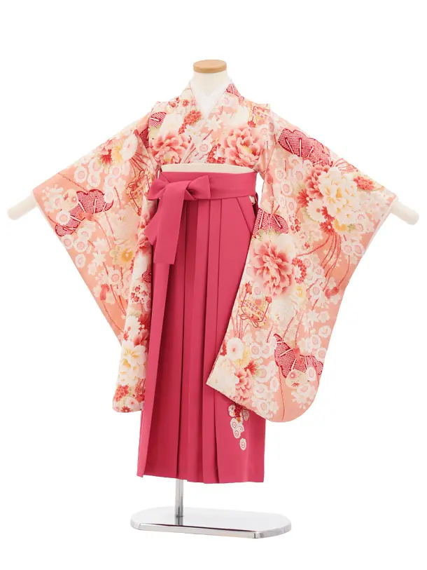 卒園式女児かんたん袴(6歳7歳)Y685 華徒然サーモンピンク薬玉に貝桶×ローズ