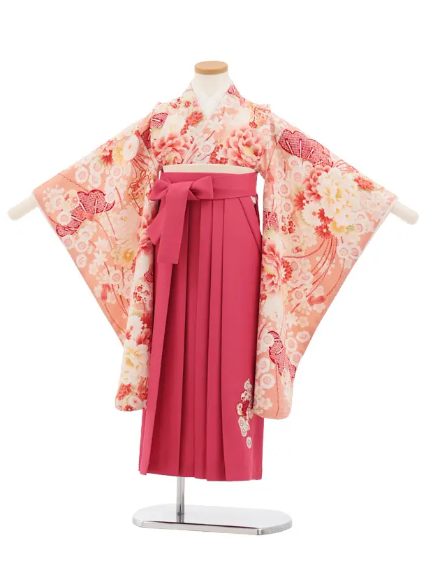 卒園式女児かんたん袴(6歳7歳)Y685 華徒然サーモンピンク薬玉に貝桶×ローズ
