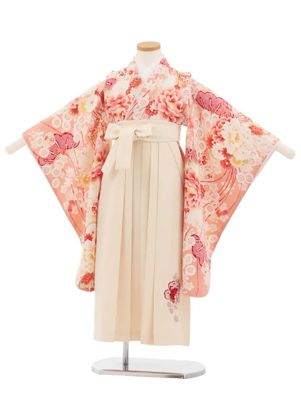 卒園女児かんたん袴(6歳7歳)Y686 華徒然サーモンピンク薬玉に貝桶×クリーム