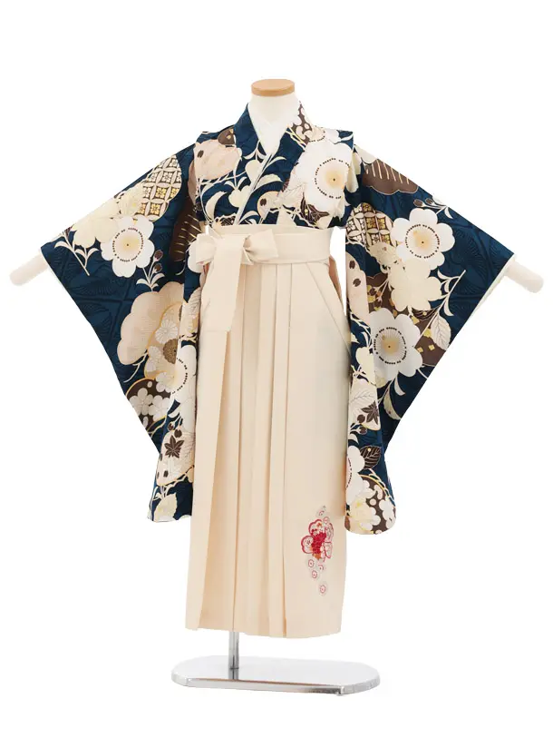 卒園式女児かんたん袴(6歳7歳)Y688 紅一点 紺地 桜×クリーム