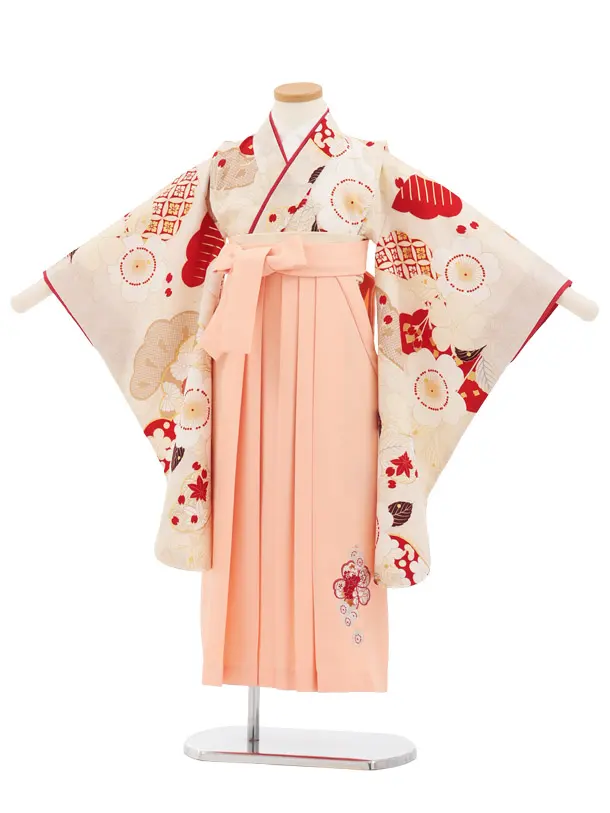 卒園式女児かんたん袴(6歳7歳)Y689 紅一点 薄ベージュ 桜×ピーチピンク