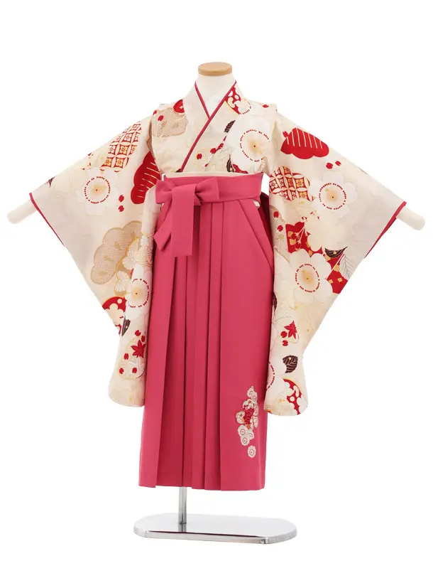 卒園式女児かんたん袴(6歳7歳)Y690 紅一点 薄ベージュ 桜×ローズ