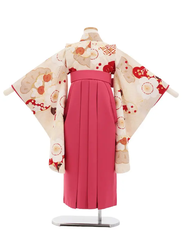 卒園式女児かんたん袴(6歳7歳)Y690 紅一点 薄ベージュ 桜×ローズ