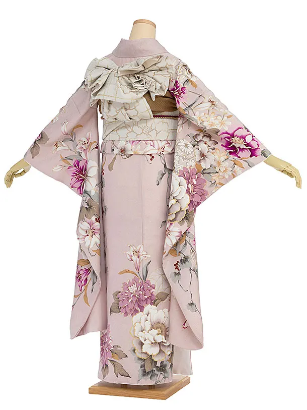 振袖レンタル A068 くすみピンク 牡丹百合鞠