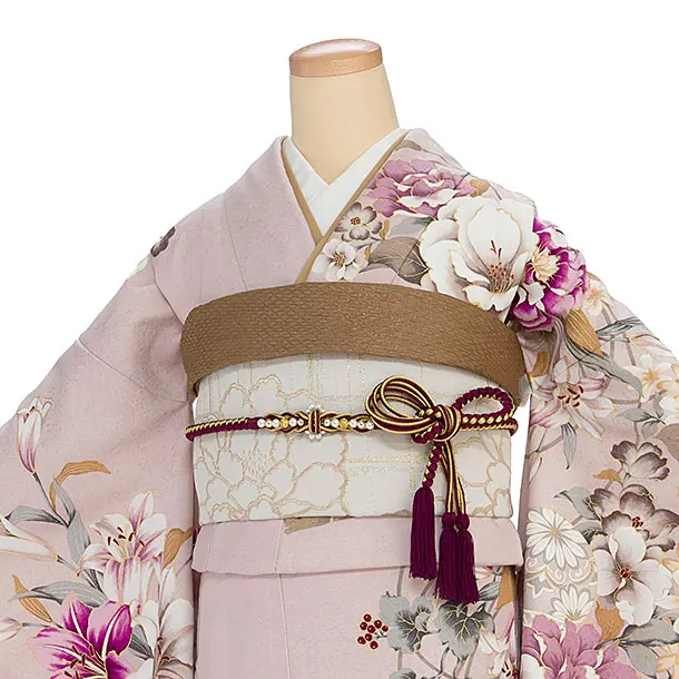振袖レンタル A068 くすみピンク 牡丹百合鞠