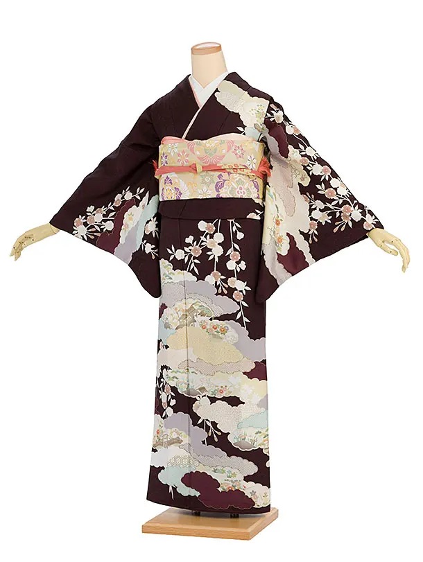 訪問着レンタル 0117 茶色 雲取り鹿の子桜