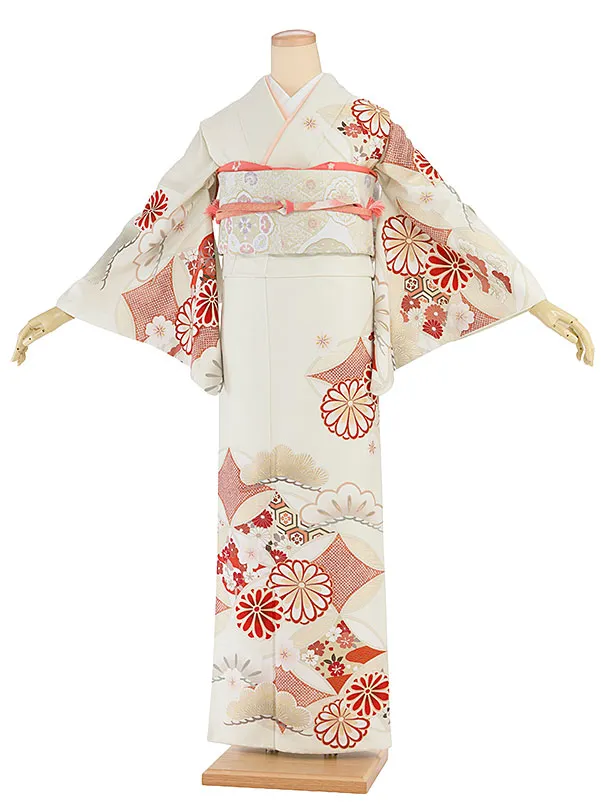 訪問着レンタル 0132 紅一点／オフホワイト 七宝に菊