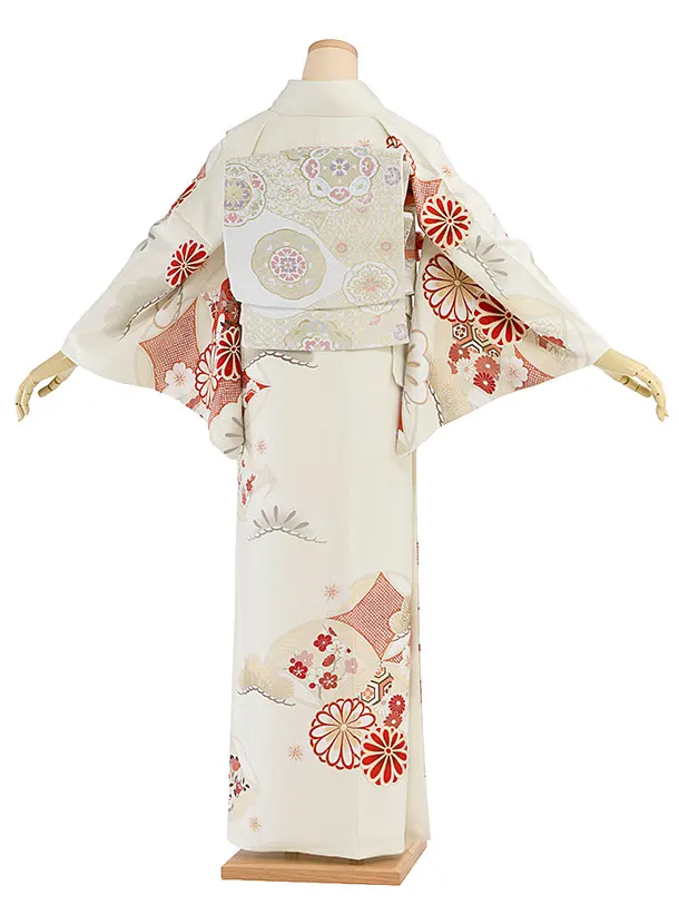 訪問着レンタル 0132 紅一点／オフホワイト 七宝に菊