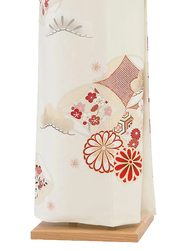 訪問着レンタル 0132 紅一点／オフホワイト 七宝に菊