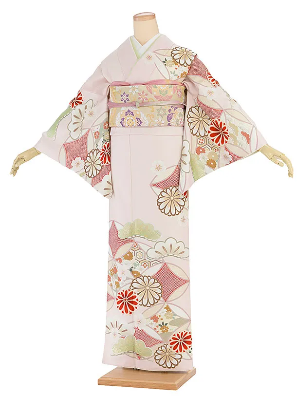 訪問着レンタル 0133 紅一点／淡ピンク 七宝に菊