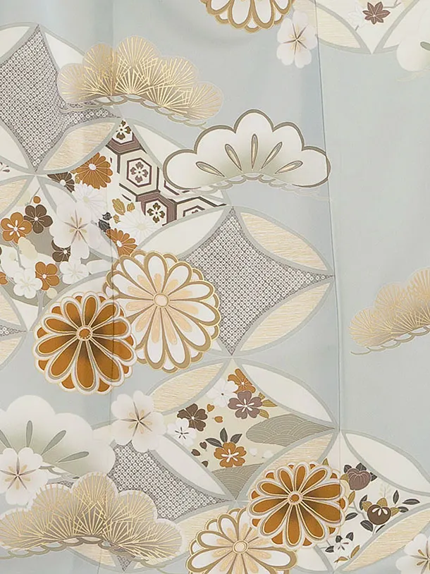 訪問着レンタル 0134 紅一点／ブルーグレー 七宝に菊