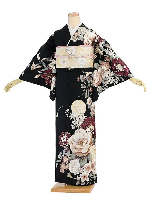 訪問着レンタル 0139 黒 百合牡丹