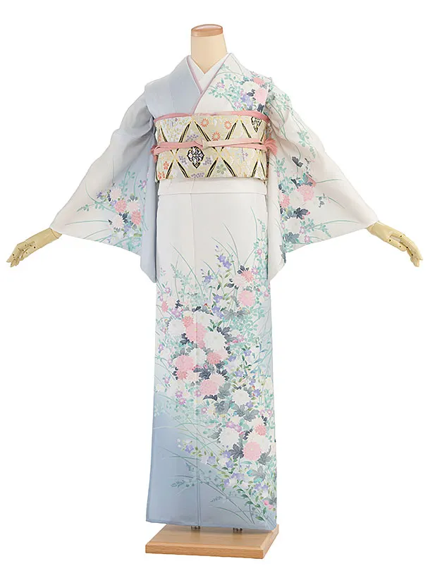 【単衣】夏訪問着レンタル 0142 白×ブルーグレー 花華