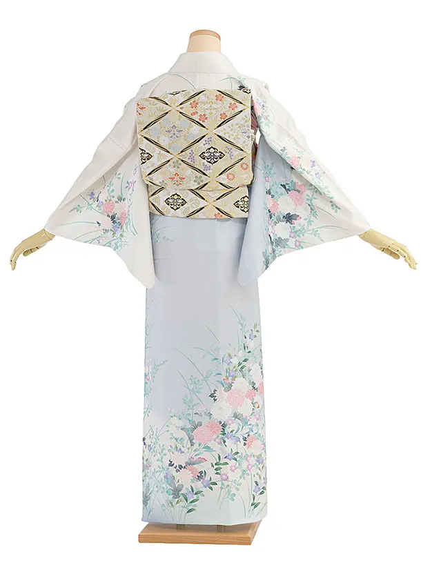 【単衣】夏訪問着レンタル 0142 白×ブルーグレー 花華