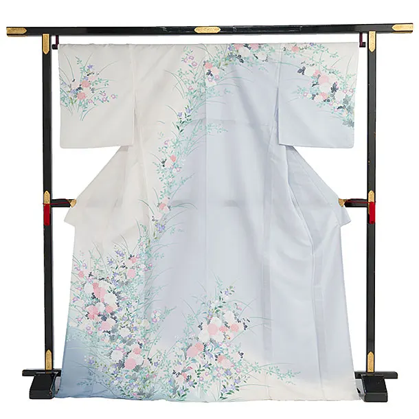 【単衣】夏訪問着レンタル 0142 白×ブルーグレー 花華