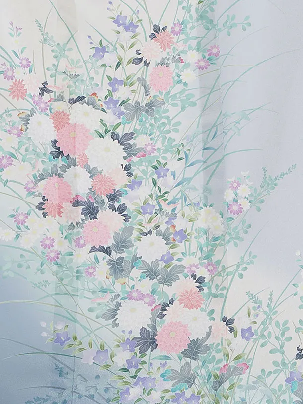 【単衣】夏訪問着レンタル 0142 白×ブルーグレー 花華
