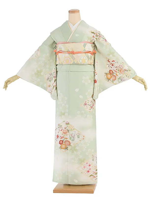 【単衣】夏訪問着レンタル 0152 華徒然／淡グリーン 桜花菱